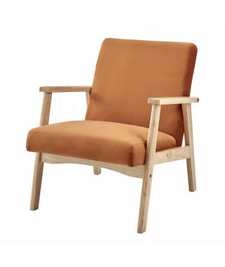 Fauteuil en Velours Terracotta - Pieds en bois naturel - L 63 x P 78 x H 75 cm - TULIO