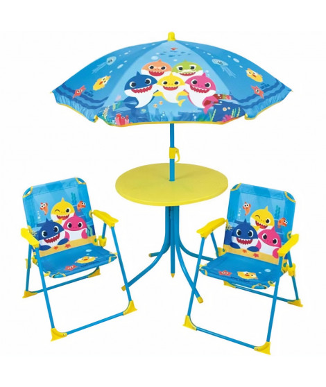 FUN HOUSE Baby Shark Salon de jardin - 1 table H.46xø46 cm, 2 chaises H.53xl.38,5xP.37,5 cm et 1 parasol H.125 x ø100 cm