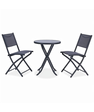 Ensemble Repas Jardin -1 table ronde + 2 chaises pliantes - Acier - Gris