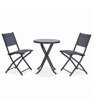 Ensemble Repas Jardin -1 table ronde + 2 chaises pliantes - Acier - Gris