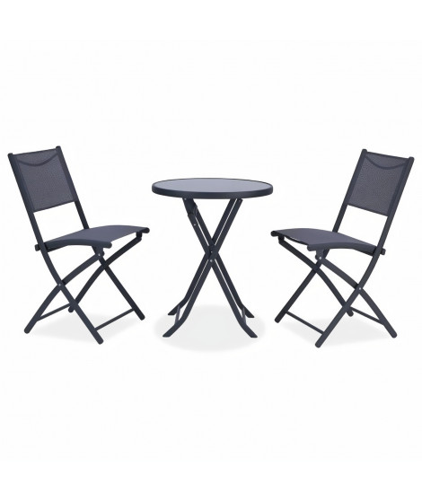 Ensemble Repas Jardin -1 table ronde + 2 chaises pliantes - Acier - Gris
