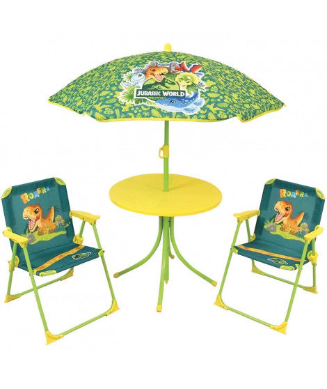 FUN HOUSE Jurassic Salon de jardin dinosaures - 1 table 46 x ø46 cm, 2 chaises 53 x 38,5 x 37,5 cm et 1 parasol 125 x ø100 cm