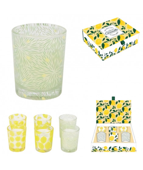 Coffret de 6 Bougies parfumées citronnelles - M12 - 4,5 x 4,5 x 5,5 cm - Jaune et vert - CMP