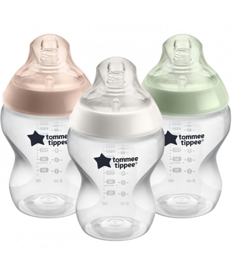 Tommee Tippee - Biberons Closer to Nature - Tétine Imitant le Sein Maternel Valve Anti-Colique - 260 ml - Lot de 3 - Multicolore