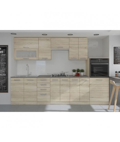 LASSEN Cuisine complete L 300 cm avec demi-colonne four et hotte - Décor chene sonoma