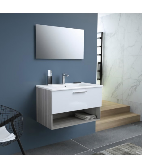 BENTO Salle de bain simple vasque + miroir L 80 cm - 1 tiroir a fermeture ralentie - Blanc