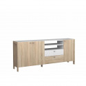 Enfilade HOYVIK 3 portes - 2 tablettes, 2 tiroirs, 2 niches - 215,3 cm - Décor chene sonoma avec du blanc mat - Poignées en m…