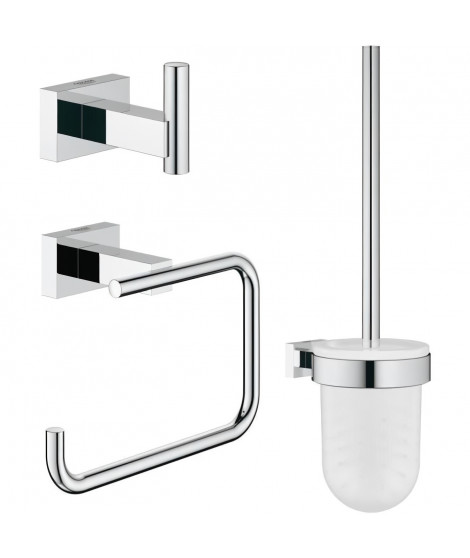 GROHE Set d'accessoires Salle de bain 3 en 1 Essentials Cube 40757001 - Patere murale - Brosse - Dérouleur papier wc - Chrome