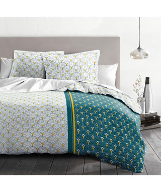 HOME LINGE PASSION Parure de couette Rainbow - 1 housse de couette 220 x 240 cm + 2 taies 65 x 65 cm - Bleu-vert , curry et b…