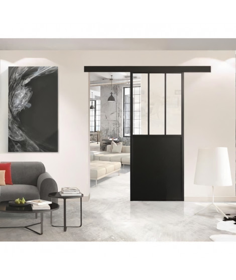OPTIMUM - Kit porte coulissante + rail + bandeau Atelier - H 204 x L 93 x P 4 cm - Noir verre transparent