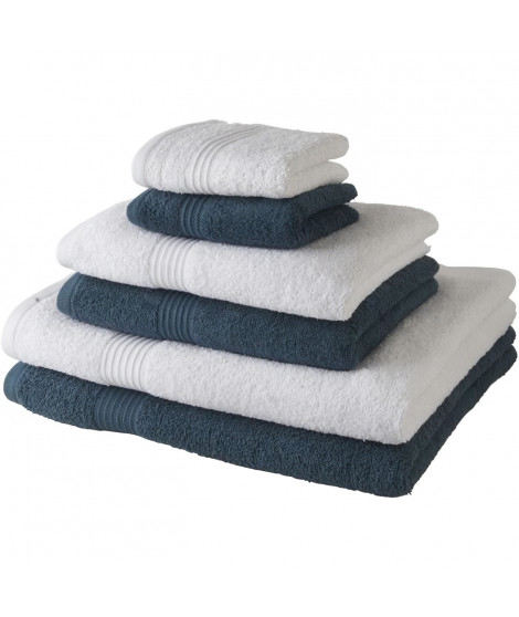 TODAY Lot de 6 serviettes de bain - Bleu et blanc - 100 % coton - Invités 30x50 cm, 2 serviettes 50x100 cm et 2 draps 70x130 cm