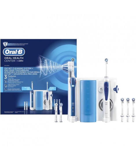 Oral-B Pro 2000+ Oxyjet Kit Brosse a Dent Electrique Rechargeable, 1 hydropulseur Oxyjet, 1 BAD, 4 canules Oxyjet, 3 brossettes