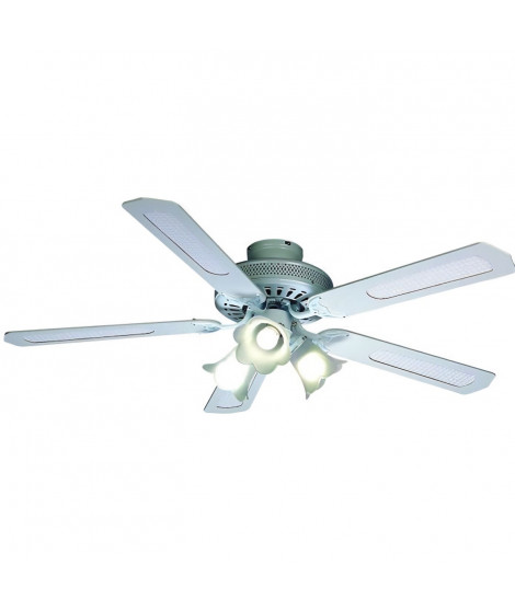 FARELEK - BALEARES Ø 132 cm - Ventilateur de plafond réversible, 5 pales blanches / cannées blanches + éclairage