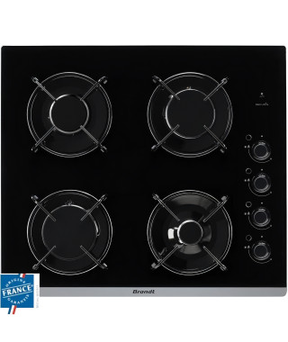 BRANDT BPG6413B Plaque de cuisson gaz - 4 foyers - L 51 x P 58 cm - Revetement verre - Noir