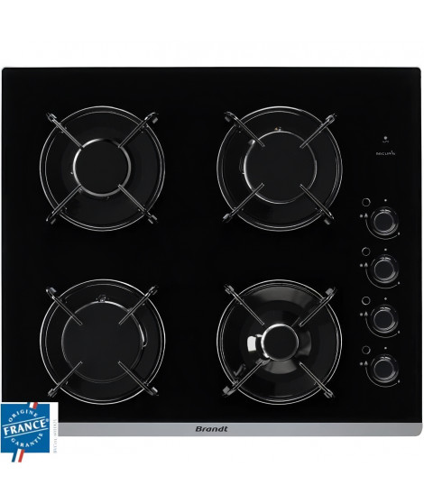 BRANDT BPG6413B Plaque de cuisson gaz - 4 foyers - L 51 x P 58 cm - Revetement verre - Noir