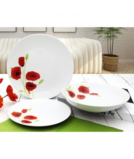 Service de Table 18 pieces en porcelaine Coquelicot rouge et blanc