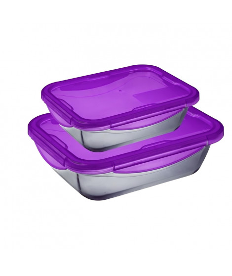 PYREX Cook&Go - Lot 2 boîtes rectangulaires avec couvercle violet - 20 x 15 cm + 24 x 18 cm