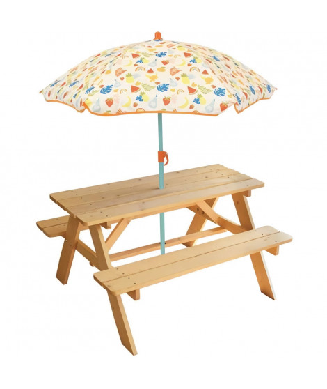 FUN HOUSE Fruity's Table pique-nique en pin H.53 x l.95 x P.75 cm avec parasol H.125 x ø 100 cm - Pour enfant