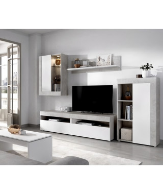 Ensemble Meuble TV Blanc et Béton - L 265 x P 42 x H 180 cm - TOKIO