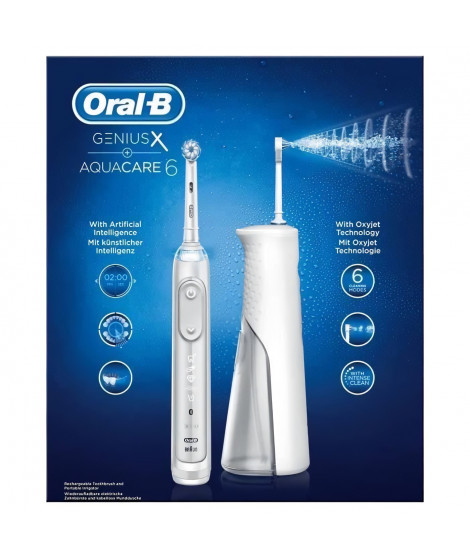 Oral-B Genius X + Aquacare 6 Kit Brosse a Dent Electrique Rechargeable, 1 manche, 4 brossettes & 1 hydropulseur avec 4 jets o…