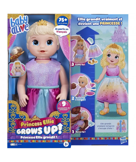 Baby Alive Poupée Princesse Ellie grandit !, poupée de 45 cm qui parle et grandit, cheveux blonds, pour enfants, des 3 ans