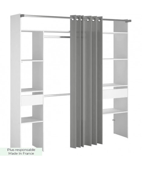 EKIPA Dressing avec rideau - 2 tiroirs et 2 colonnes - Décor Blanc - L 198 x P 40 x H 203 cm - ARTIC