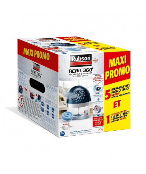 RUBSON MAXI PROMO Absorbeur d'Humidité Aéro 360° 20m² et sa recharge tabs NEUTRE + 5 recharges tabs NEUTRE Aéro 360°