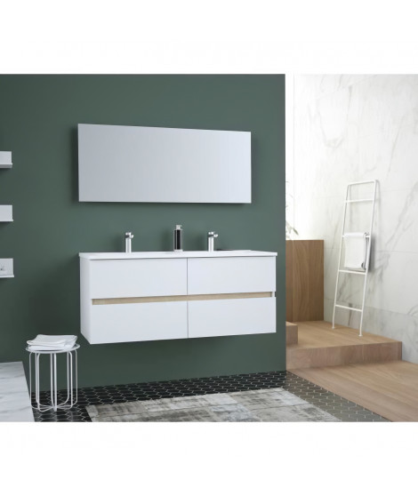 TOTEM Salle de bain 120cm - 4 tiroirs fermetures ralenties - double vasque en céramique + miroir