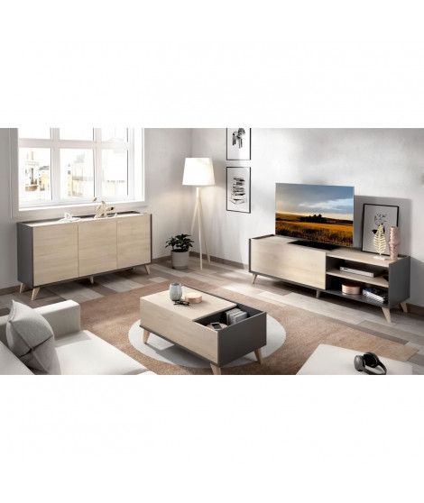 Ensemble Meuble TV 2 abattants  + buffet 3 portes  + Table basse - Chene naturel et graphite - NESS