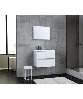 TOTEM Salle de bain 60cm - 2 tiroirs fermetures ralenties - simple vasque en céramique + miroir