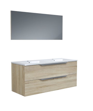 Ensemble Meuble salle de bain L 120 - Vasque + 2 tiroirs + miroir - Décor bois - ZOOM