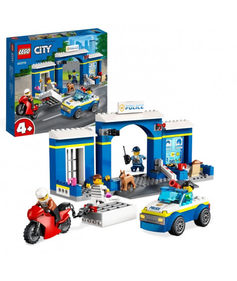 LEGO City 60370 La Course-Poursuite au Poste de Police, Voiture en Jouet et Moto, Prison