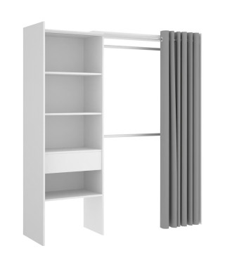 Dressing extensible avec rideau + 1 tiroir - Décor Blanc - L 160-113 x P 50 x H 205 cm - SUIT