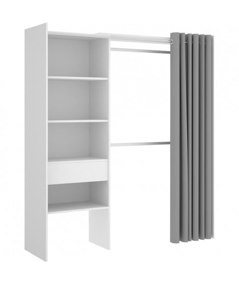 Dressing extensible avec rideau + 1 tiroir - Décor Blanc - L 160-113 x P 50 x H 205 cm - SUIT