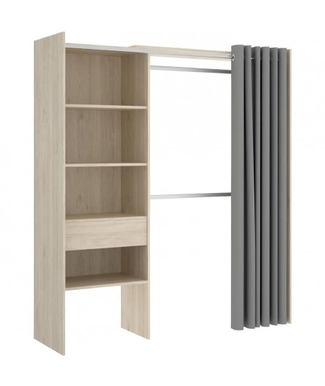 Dressing extensible avec rideau + 1 tiroir - Décor chene naturel - L 160-113 x P 50 x H 205 cm - SUIT