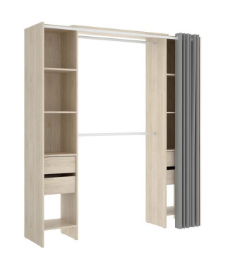 Dressing extensible avec rideau + 4 tiroirs - Décor chene naturel - L 180-113 x P 50 x H 205 cm - SUIT