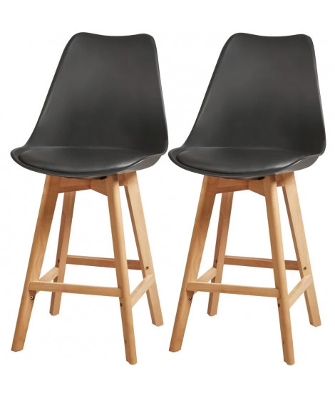 BJORN Lot de 2 tabourets de comptoir pieds en bois hetre massif - Revetement simili noir - Scandinave - Assise H 65cm