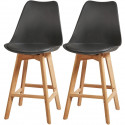 BJORN Lot de 2 tabourets de comptoir pieds en bois hetre massif - Revetement simili noir - Scandinave - Assise H 65cm