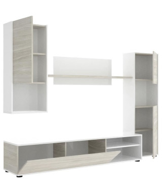 Ensemble Meuble TV : meuble tv 175 cm + 1 étagere + 2 modules - Chene et Blanc - LUKA