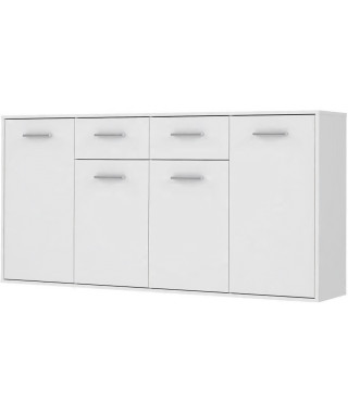 PILVI Buffet bas 4 portes 4 tiroirs - Blanc mat - L 162,3 x P 34,2 x H 88,1 cm