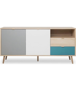 CUBA Buffet bas scandinave chene, gris et bleu pétrole - L 150 x P 40 x H 71 cm