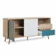 CUBA Buffet bas scandinave chene, gris et bleu pétrole - L 150 x P 40 x H 71 cm