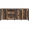 Enfilade CLIF 3 portes - 3 tablettes, 4 tiroirs - 206,1 cm - Décor vieux bois vintage avec béton gris foncé - Poignées noires