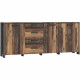 Enfilade CLIF 3 portes - 3 tablettes, 4 tiroirs - 206,1 cm - Décor vieux bois vintage avec béton gris foncé - Poignées noires