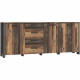 Enfilade CLIF 3 portes - 3 tablettes, 4 tiroirs - 206,1 cm - Décor vieux bois vintage avec béton gris foncé - Poignées noires
