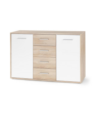 PILVI Buffet bas 2 portes 4 tiroirs - Blanc et chene sonoma - L 122,6 x P 34,2 H 88,1 cm