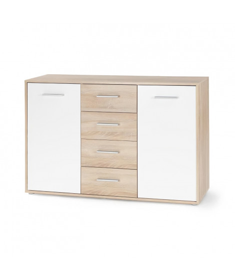 PILVI Buffet bas 2 portes 4 tiroirs - Blanc et chene sonoma - L 122,6 x P 34,2 H 88,1 cm