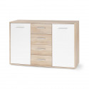 PILVI Buffet bas 2 portes 4 tiroirs - Blanc et chene sonoma - L 122,6 x P 34,2 H 88,1 cm