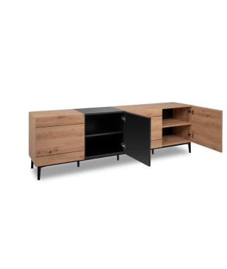 Buffet  Bas / Meuble TV NOLA - Décor chene et noir - 4 portes - L 200 x P 42 x H 65 cm