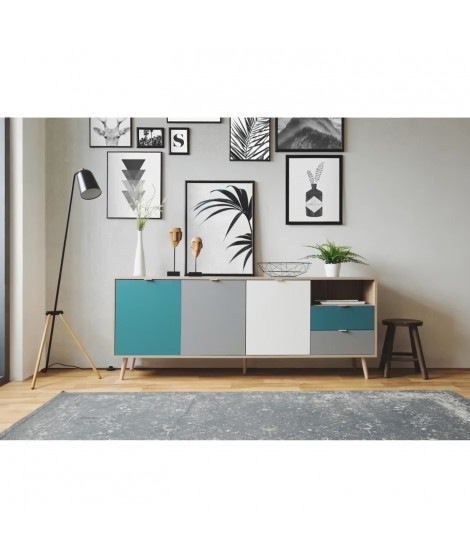 CUBA Buffet bas décor chene sonoma et blanc - Style scandinave - L 180 cm